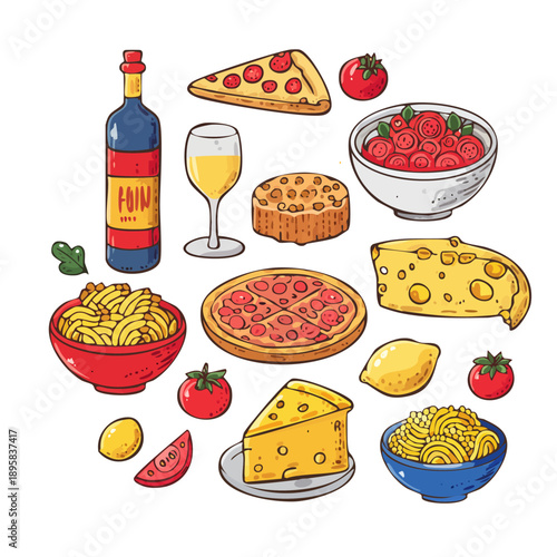 Pizza and Food Ingredients Flat Lay Vector Illustration with Cheese, Pasta, Tomato, and Drinks