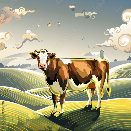 A single dairy cow with ear tags in a graphic art style.