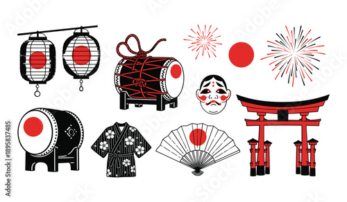 Japanese Cultural Icons Collection With Red Sun Symbol culture traditional