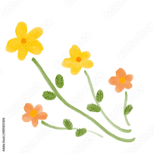 水彩風 手描き黄色とオレンジの小花植物 PNG素材