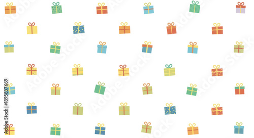 Seamless pattern of colorful gift boxes with ribbons on white background, flat design illustration.