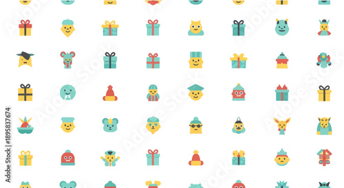 Collection of flat design icons featuring gift boxes and cartoon characters with simple faces.