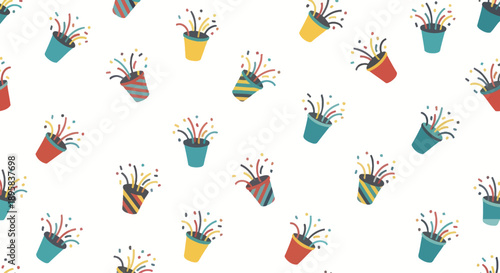 Colorful confetti poppers exploding with streamers and confetti on a white background, seamless pattern