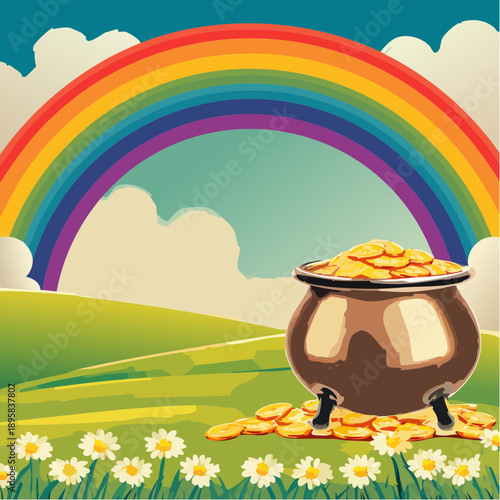 A mythical leprechauns pot of gold filled with treasure coins.