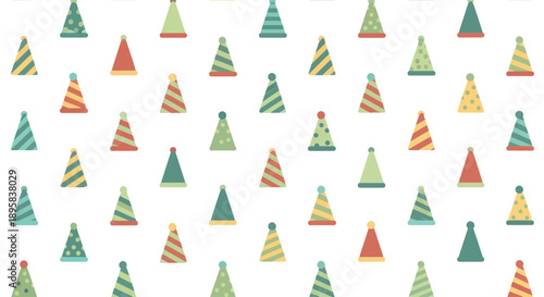 Repeating pattern of colorful party hats in flat design style on white background. Vector illustration.