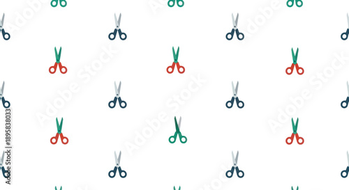 Seamless pattern of colorful scissors icons on white background, flat design vector