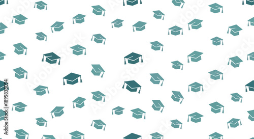 Scattered graduation caps icons in teal and dark teal on a white background, flat design style.