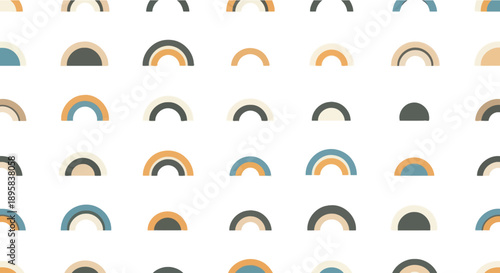 Boho rainbow pattern in muted earth tones, abstract semicircle shapes, modern graphic design elements.
