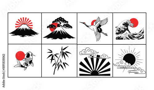 Japanese Cultural Icons Mount Fuji Crane Koi Fish, Bamboo Wav,e and Sun Symbols volcano, mountain, mount fuji, volcano, mountain, bonsai tree,