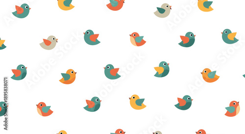 Cute small birds in various colors arranged in a repeating pattern on white background