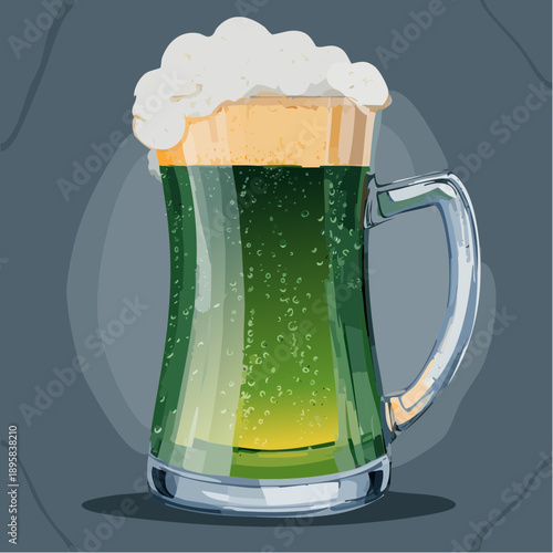 A festive glass mug of vibrant green beer with a frothy head.