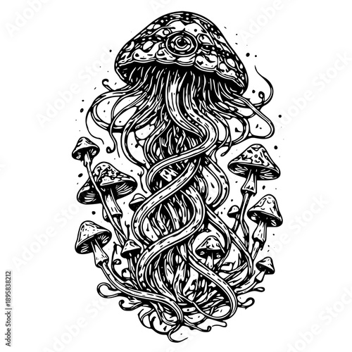 Intricate black and white jellyfish illustration with mushrooms