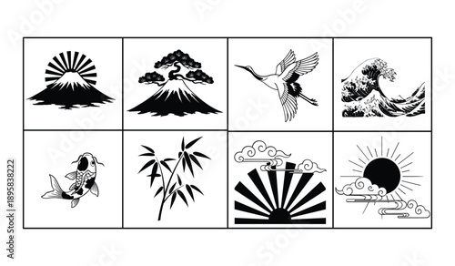 Japanese Cultural Icons Mount Fuji Crane Koi Fish Bamboo Wave and Sun Symbols volcano mountain