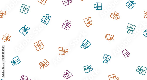 Scattered colorful gift box icons with bows, simple line art pattern on white background.