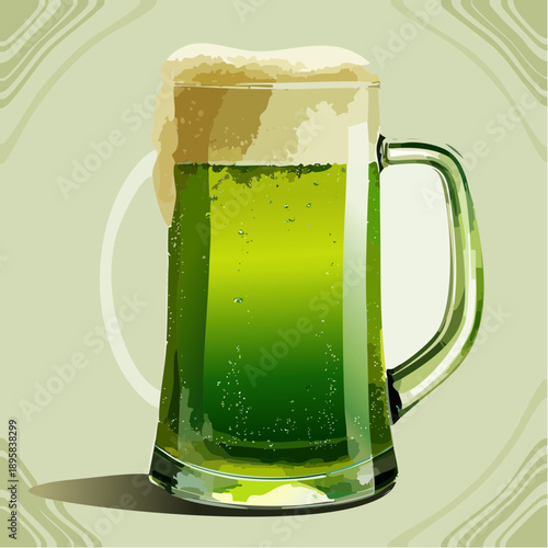 Stylized illustration of a green glass beer mug with a frothy head.