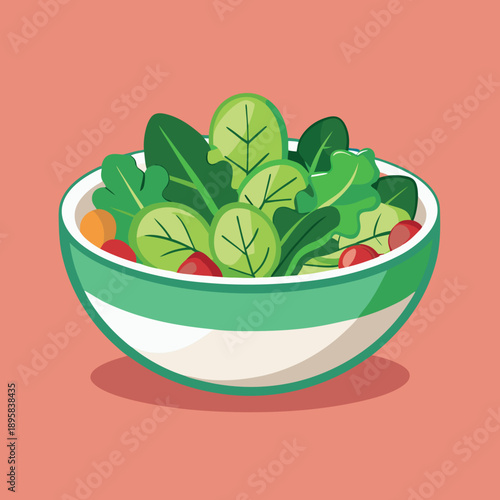 Stylized bowl of fresh salad with various green leaves and tomatoes