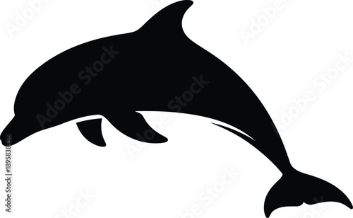 Elegant black silhouette of a dolphin leaping gracefully through ocean waves, representing freedom, joy, and marine life adventures