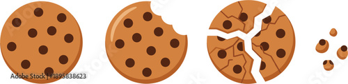 Chocolate chip cookie stages illustration showing whole bitten and broken cookie with crumbs isolated on white