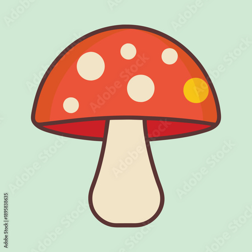 Cartoon illustration of an orange and white mushroom with a green background