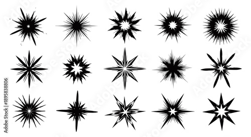 A collection of fifteen black starburst and explosion graphic elements on a white background.