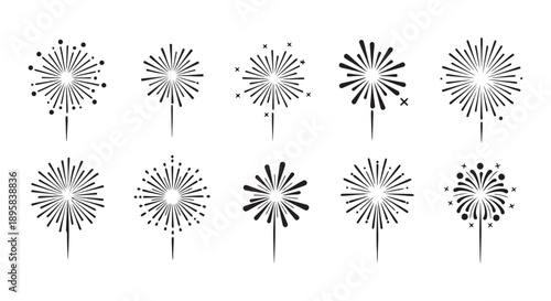 A collection of ten stylized black and white fireworks illustrations on a white background.