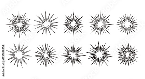 Wallpaper Mural A collection of ten black and white starburst or sunburst graphic elements, presented in two rows of five. Torontodigital.ca