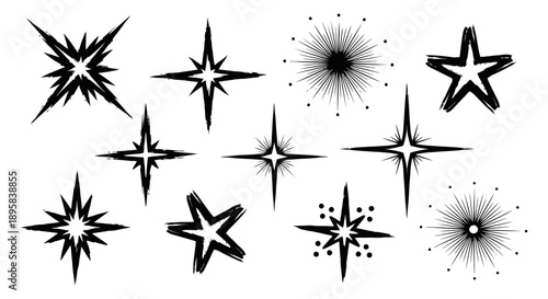A collection of diverse starburst and star shapes, rendered in a bold, sketchy black and white style.