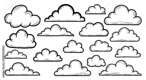 A collection of hand-drawn, cartoon-style clouds with black outlines and simple shading, set against a white background.