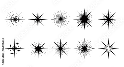 A collection of ten different starburst and sparkle graphic elements on a white background.