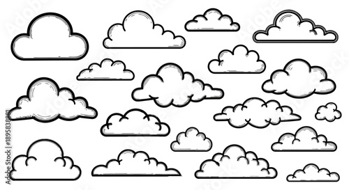 A collection of various cartoon-style clouds, drawn with black outlines and a white fill, scattered across a white background.