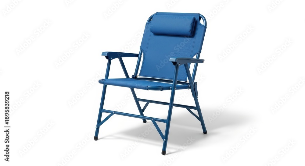 Fototapeta premium Blue folding chair with headrest for outdoor relaxation and comfort.