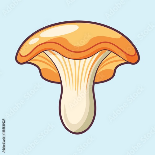 Cartoon Chanterelle Mushroom Illustration on Light Blue Background, edible and vibrant