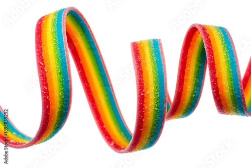 A fun and colorful, long, and wavy strip of rainbow sour candy, isolated as a transparent PNG.