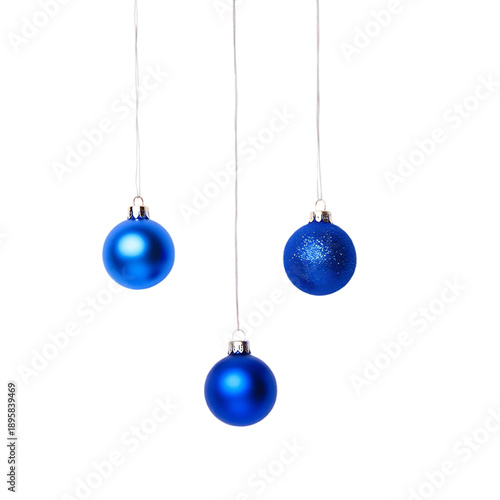 Three blue Christmas ball ornaments hanging at different lengths, isolated as a transparent PNG.