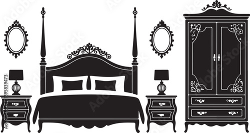 Classic Bedroom Silhouette with Four-Poster Bed and Armoire