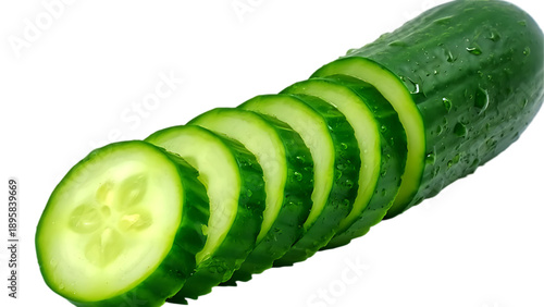 A fresh green cucumber, partially sliced into uniform rounds, isolated as a transparent PNG.