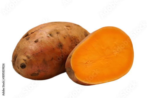 A whole and a halved raw sweet potato, isolated as a transparent PNG.