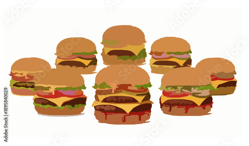 3D cheeseburger collection with juicy fillings isolated on white background for restaurant menus
