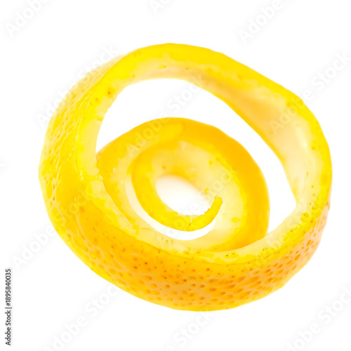 A long, continuous spiral of fresh lemon peel, isolated as a transparent PNG.