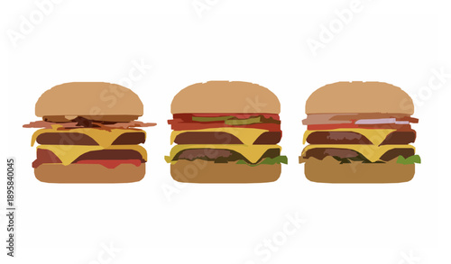 Restaurant style 3D cheeseburger set with layered ingredients isolated on white background