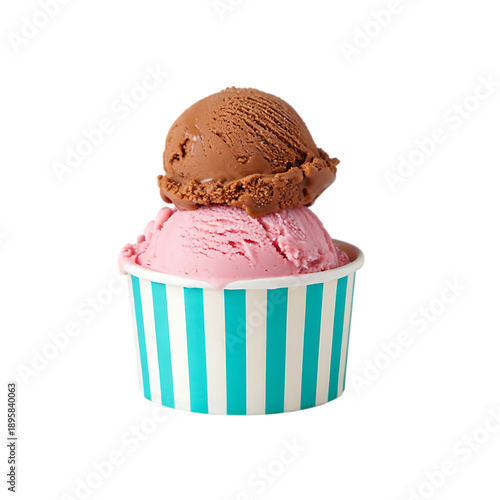 A cup of ice cream with one scoop of chocolate and one of strawberry, isolated as a transparent PNG.
