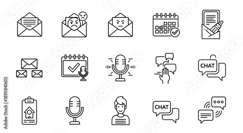 Digital Communication and Remote Work Tools Line Art Icons on Isolated White Background