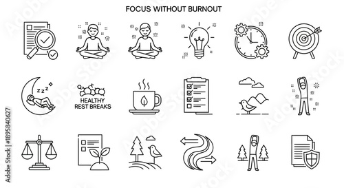Focus Without Burnout Line Art Icons on Isolated White Background