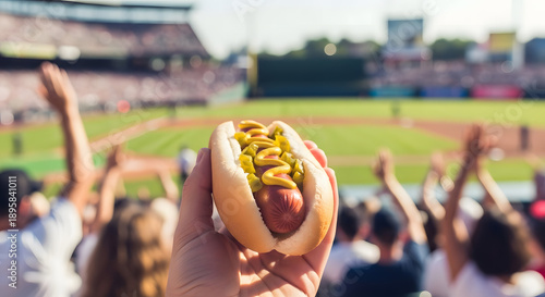 A hand holding a hot dog with mustard and relish at a crowded sports stadium event