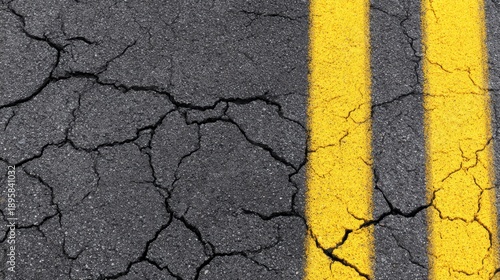 A cracked asphalt road surface with jagged fissures and two bright yellow lane lines. with rough texture gaps