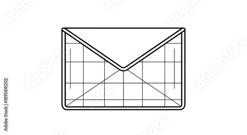 Minimalist line drawing of a mailer bag isolated on a white background, featuring a grid pattern and envelope shape, emphasizing simplicity and clarity
