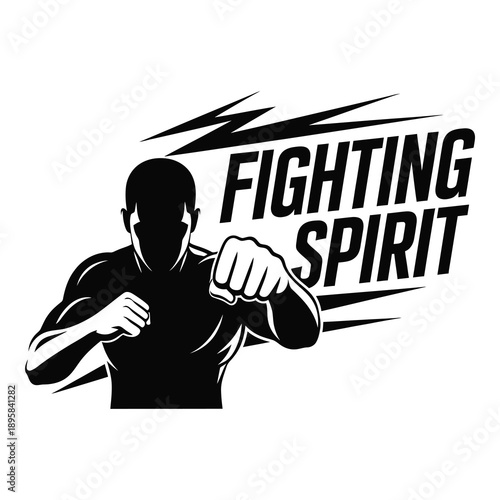 Boxing silhouette of a fighter with clenched fists ready for combat, symbolizing a strong fighting spirit on white background. on white background