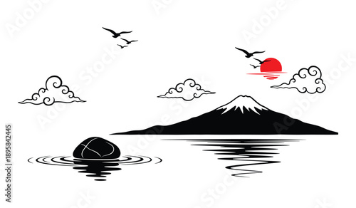 Japanese landscape with Mount Fuji, sun, clouds, birds, and water reflection on white background Keywords: Mount Fuji, sun, clouds, birds, water reflection, landscape, nature, scenery, Japan