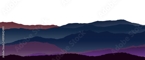Minimal layered mountain landscape with dark gradient tones creating a calm scenic horizon, isolated on transparent background, vector illustration