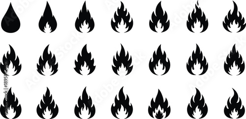 Black flame icon collection featuring twenty unique fire shapes and droplet designs in silhouette style for energy, heat, danger, and creative graphic projects